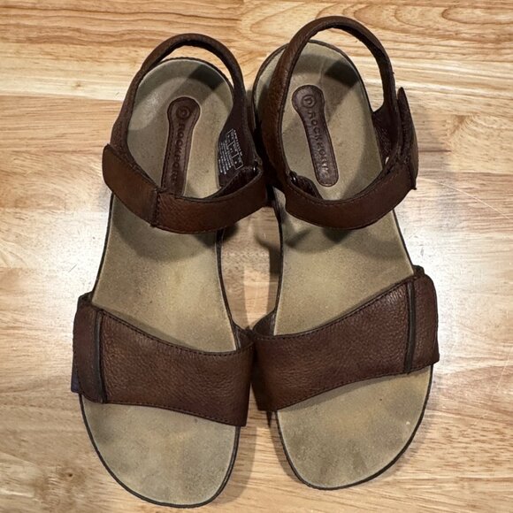 ROCKPORT ~ Sandals Women Size 9.5 - Brown Leather Low Wedge w Adjustable Straps - Picture 2 of 9